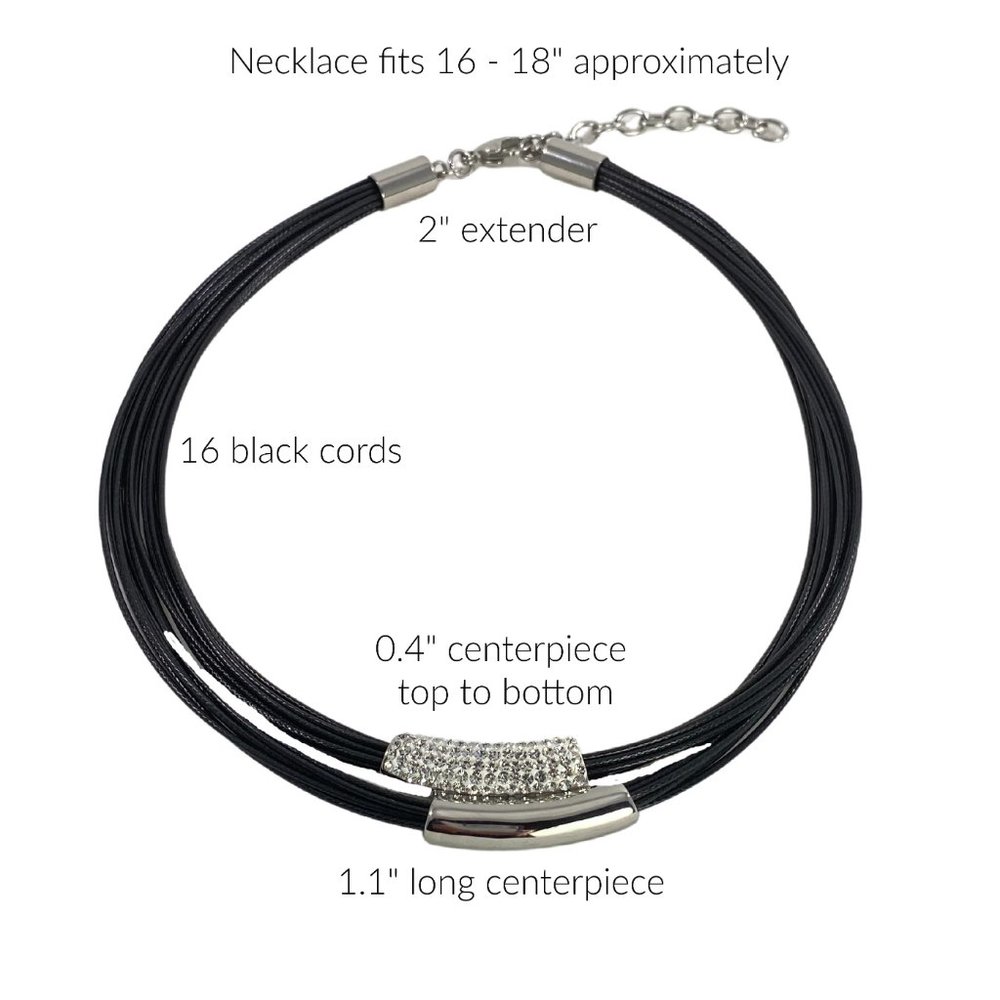 Black Cord/Stainless Steel/Crystals Necklace - Picture 2 of 3